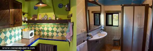 Cocina y baño del cortijo Casilla Noguera en La Alpujarra