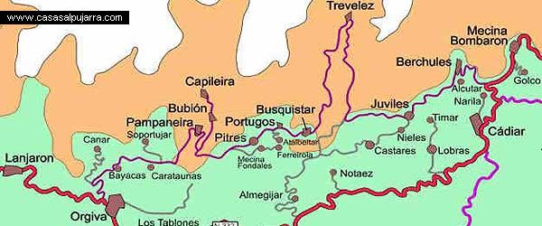 Mapa de La Alpujarra - rutas, carreteras, plano y pueblos Granada